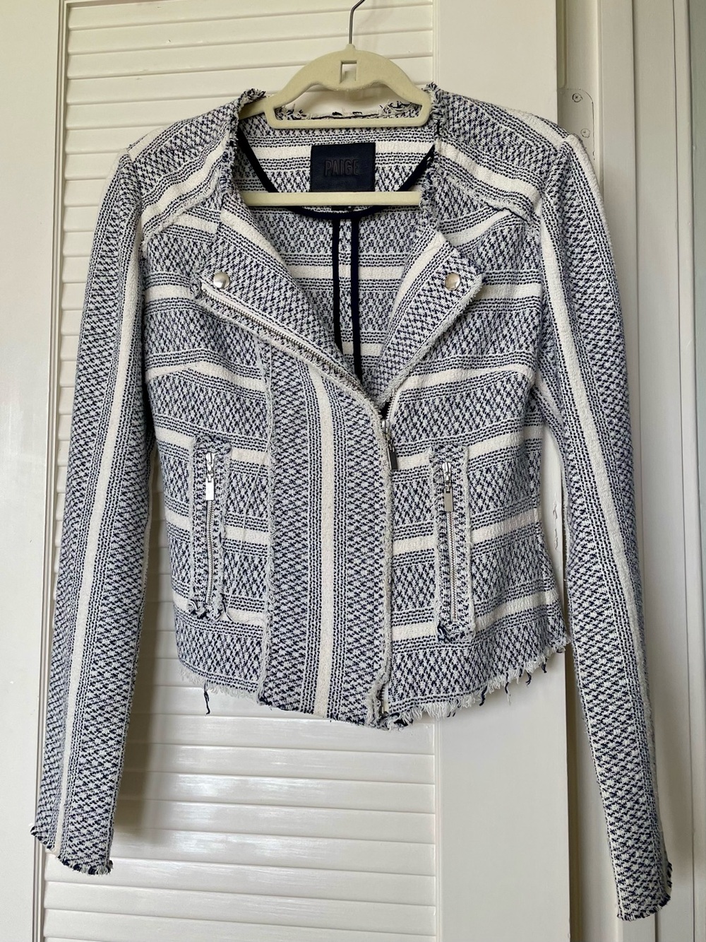 PAIGE Navy and White Textured Tweed Moto Blazer